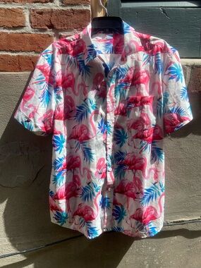 Casual Short-Sleeve Flamingo Print Button-Down Shirt - White with Pink & Blue